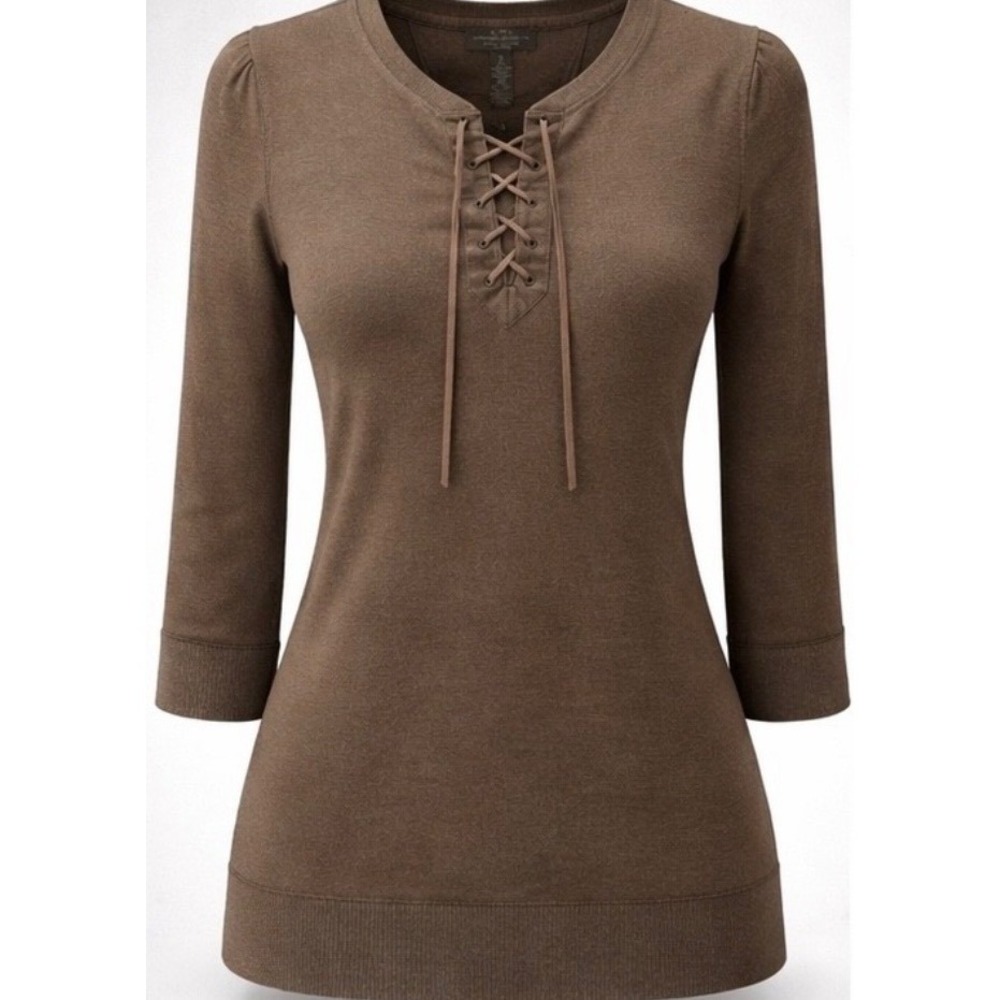 🍁Lauren Ralph Lauren Jeans Co Brown Lace Up Top Petite Small 3/4 Sleeve Knit